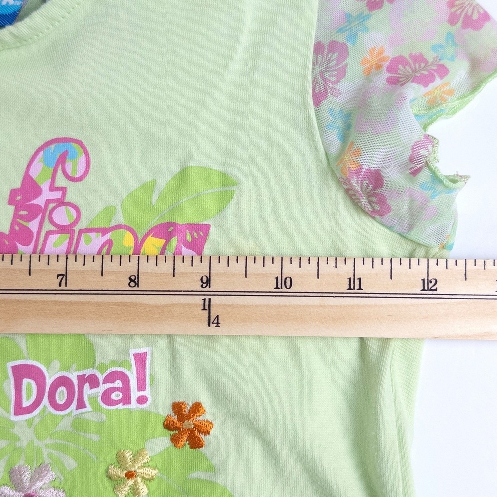 Vintage Nick Jr Dora the Explorer Surfing Green Floral Mesh Sleeve Kids Shirt 5T - Picture 8 of 8
